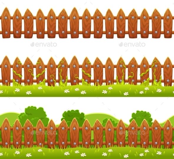 a set of wooden fences in the grass with flowers and trees on each fence is an illustration