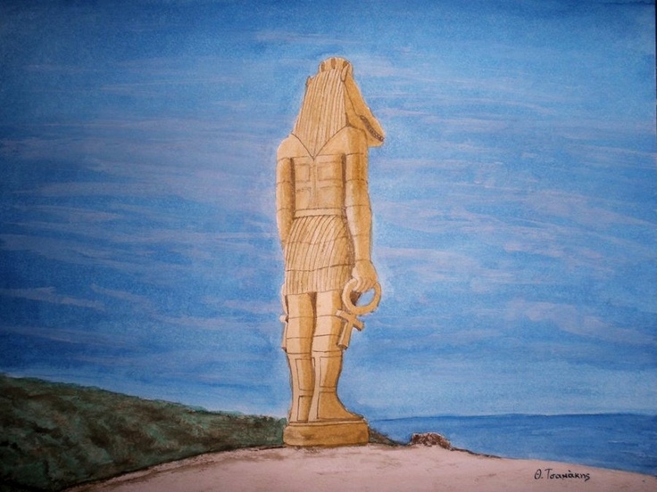 a drawing of a large wooden statue in the middle of a field with blue sky and water behind it