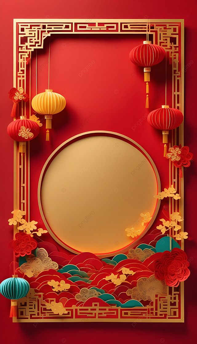 a red background with chinese lanterns and paper cut art work on the front, along with an empty plate for text