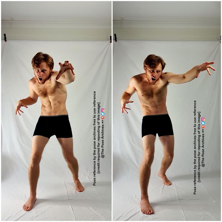 two pictures of a man with no shirt on and his hands out in the air