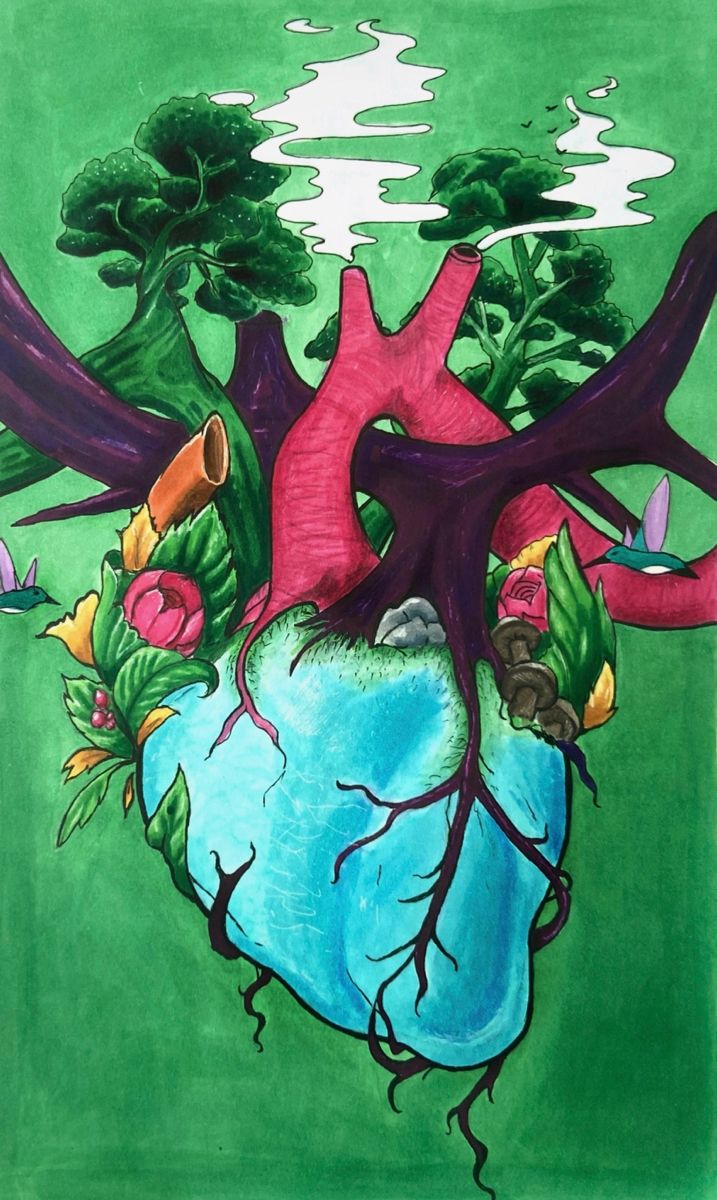 a drawing of a heart with trees and flowers on it's side, surrounded by water