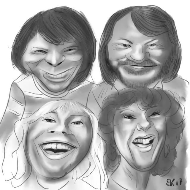 three people are smiling with their faces drawn in black and white, one has long hair