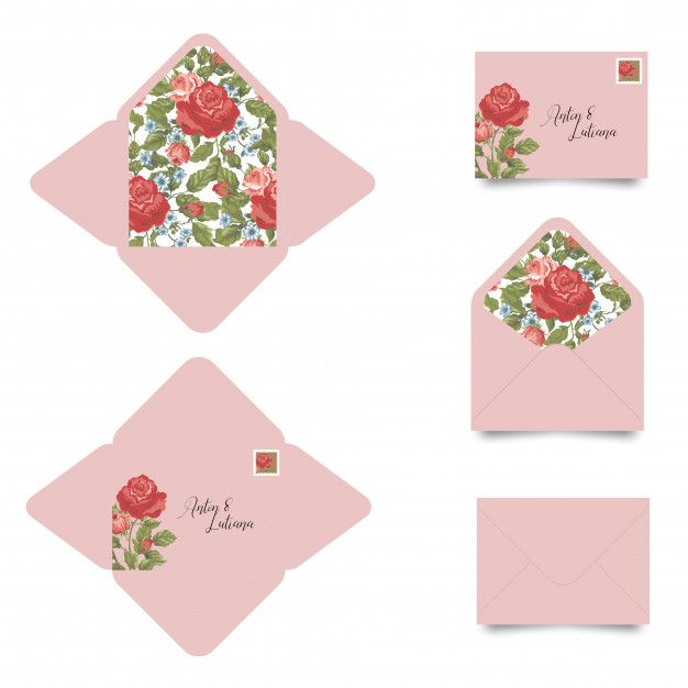 four envelopes with roses on them, one is pink and the other has green leaves