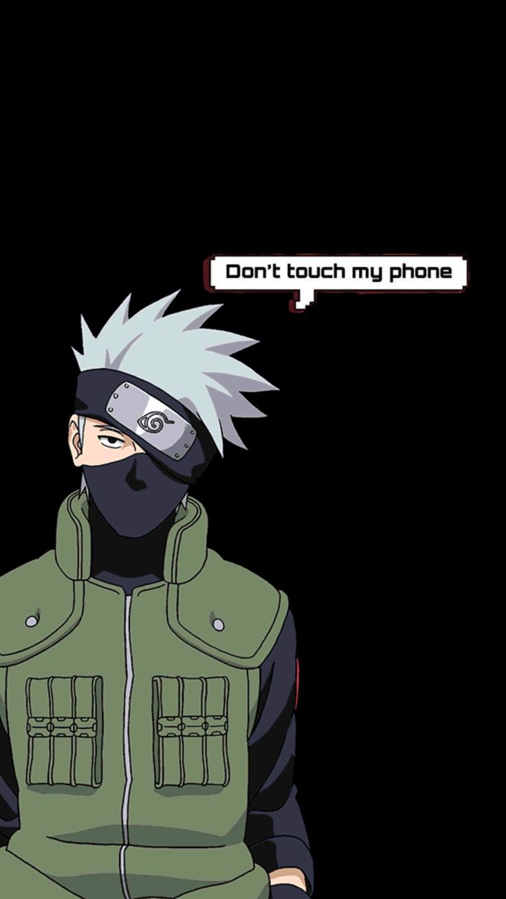 an anime character wearing a green jacket and blindfold with the caption don't touch my phone