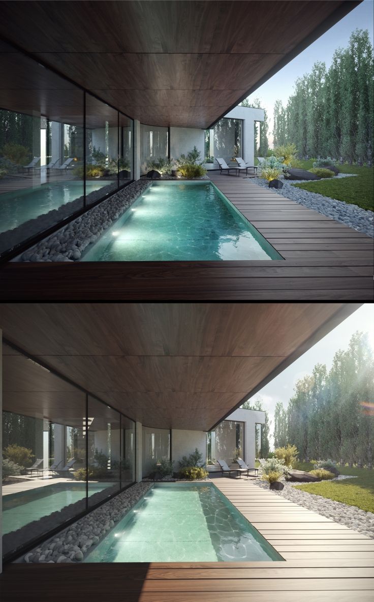 two photographs of the inside and outside of a house with a swimming pool in it