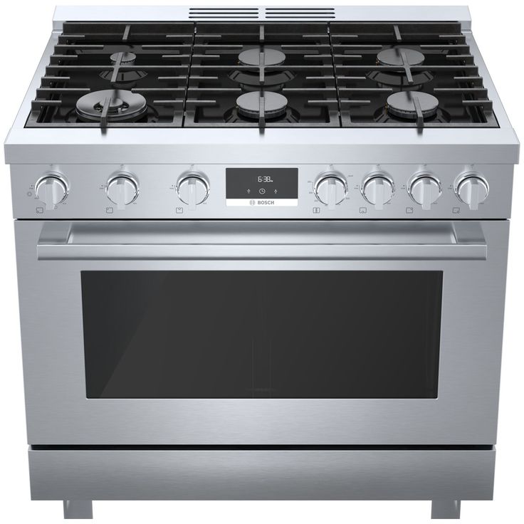 a stainless steel oven with four burners on the front and one in the middle