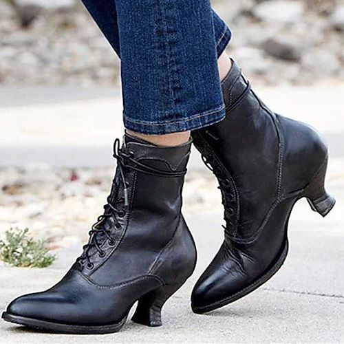 Category:Boots; Upper Materials:PU; Season:Fall,Winter; Heel Type:Kitten Heel; Gender:Women's; Activity:Walking; Toe Shape:Round Toe; Type:Booties Ankle Boots; Style:Minimalism,Elegant,Casual,Vintage; Heel Height(inch):1-2; Outsole Materials:Rubber; Occasion:Daily,Outdoor; Closure Type:Lace-up; Pattern:Solid Color; Listing Date:09/18/2023; Production mode:External procurement; 2024 Trends:Brogue,Plus Size,Heel Boots; Size chart date source:Provided by Supplier. Lace Up Ankle Boots With Dresses, Mid Calf Boots Vintage, Flat Boots For Women Vintage, Black Ankle Boots Dresses, Luxury Lace-up Snip Toe Boots For Formal Occasions, Womens Plus Size Leather Lace Up Boots, Luxury Vintage Boots For Formal Occasions, Steam Punk Womens Boots, Granny Lace Up Boots