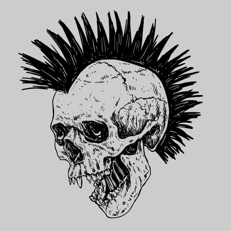 a black and white drawing of a skull with spikes on it's head,