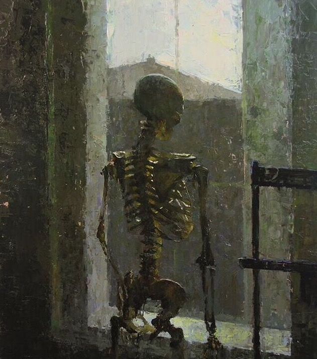 a painting of a skeleton sitting in front of a window