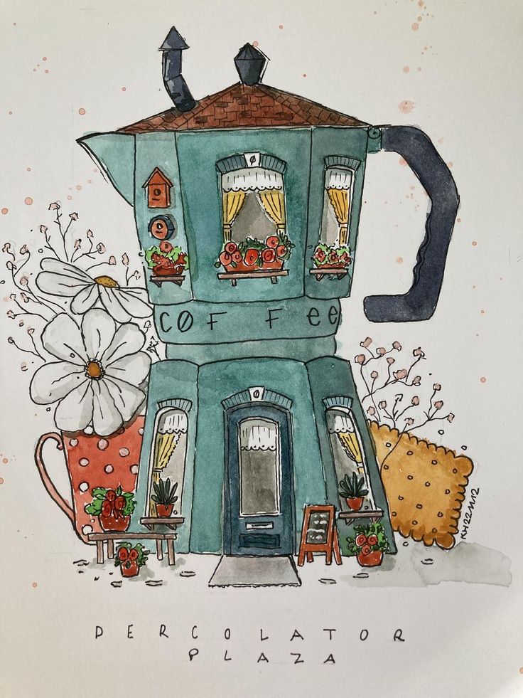 a watercolor drawing of a coffee house with flowers