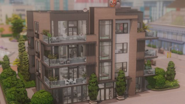 an apartment building with balconies and trees on the top floor is shown in this 3d image