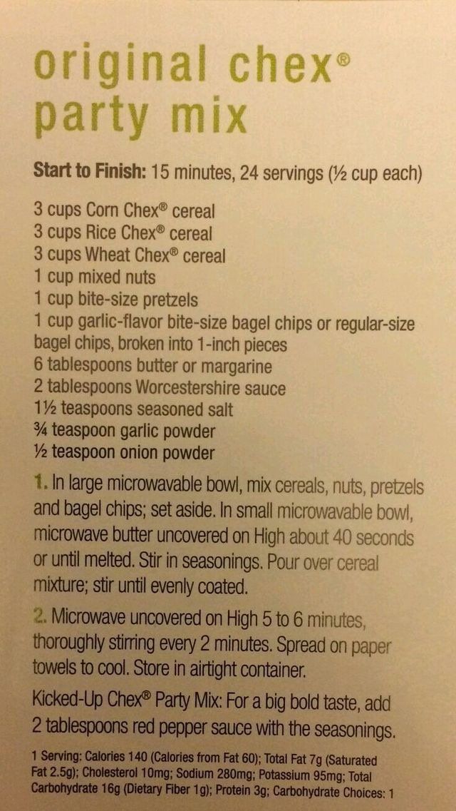 a menu listing the ingredients for a party mix