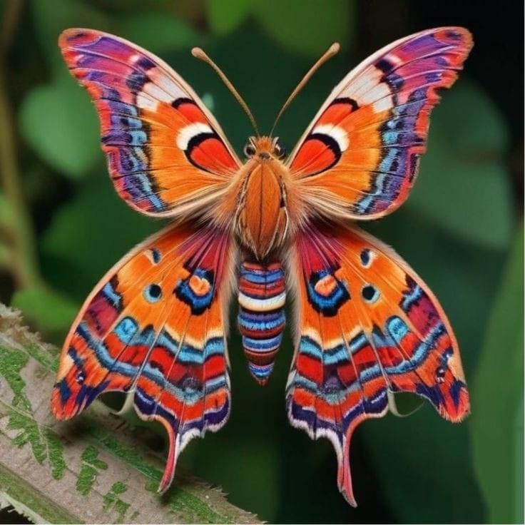 an orange and blue butterfly sitting on top of a leaf