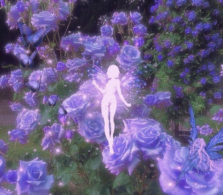 there is a fairy in the garden surrounded by purple flowers