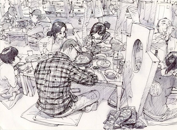 a drawing of people sitting at a table eating food