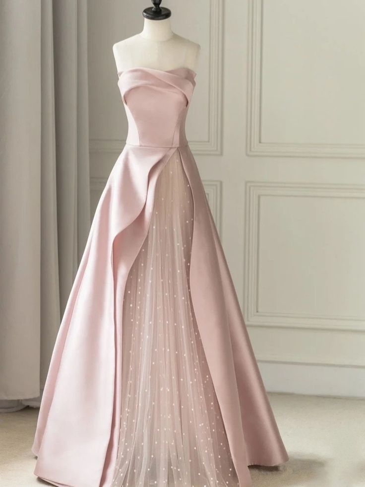 Sleeveless Satin A-Line Floor-Length Evening Gown Slit with Tulle Strapless Prom Dress Cute Prom Dresses Pink, Prom Dress Types, Types Of Dresses Chart Style, Dress Types Chart, Types Of Dresses Chart, Long Princess Dress, Light Pink Dresses, Prom Ball Gown Dresses, Tube Gown