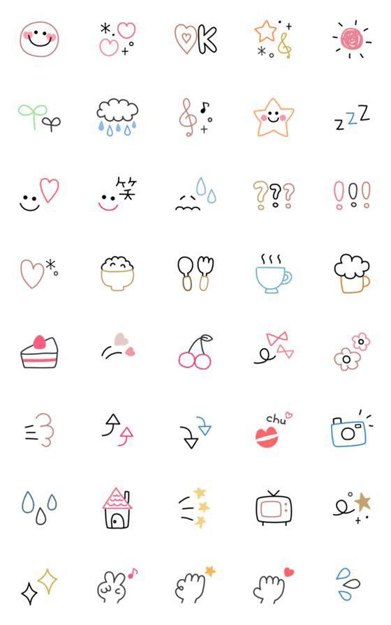 the icons are drawn in different colors and shapes, including hearts, clouds, stars, and other things