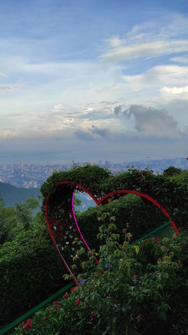 a heart shaped planter on top of a hill