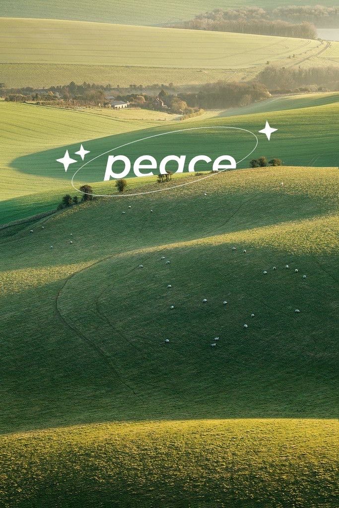 a large sign that reads peace in the middle of a field