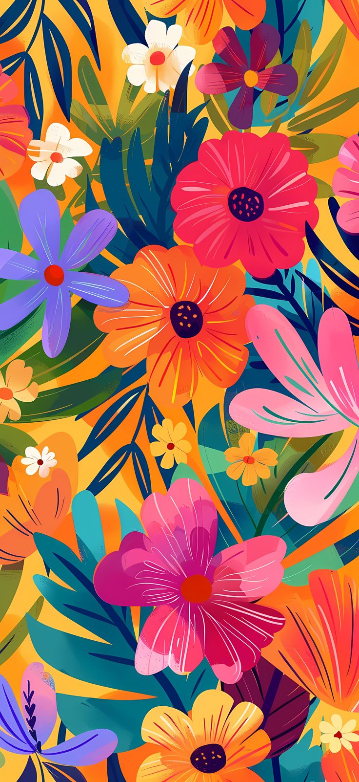 colorful flowers and leaves on an orange background