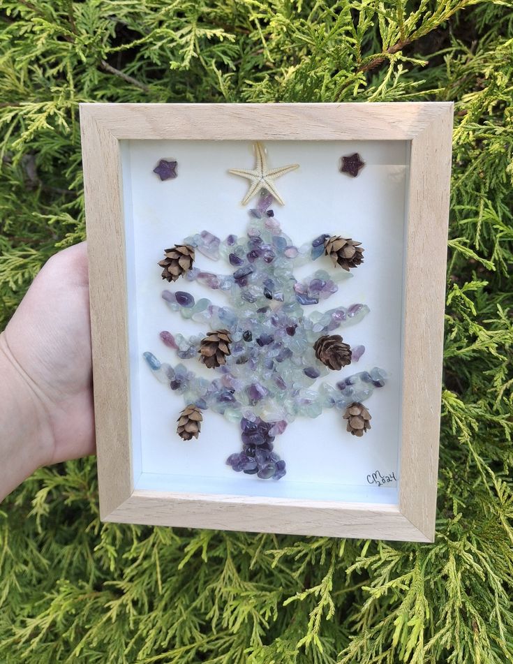 a hand holding up a small frame with some pine cones and other things in it