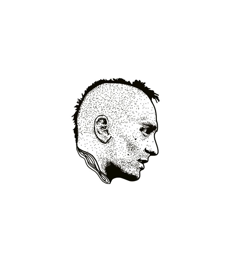 a black and white drawing of a man's head