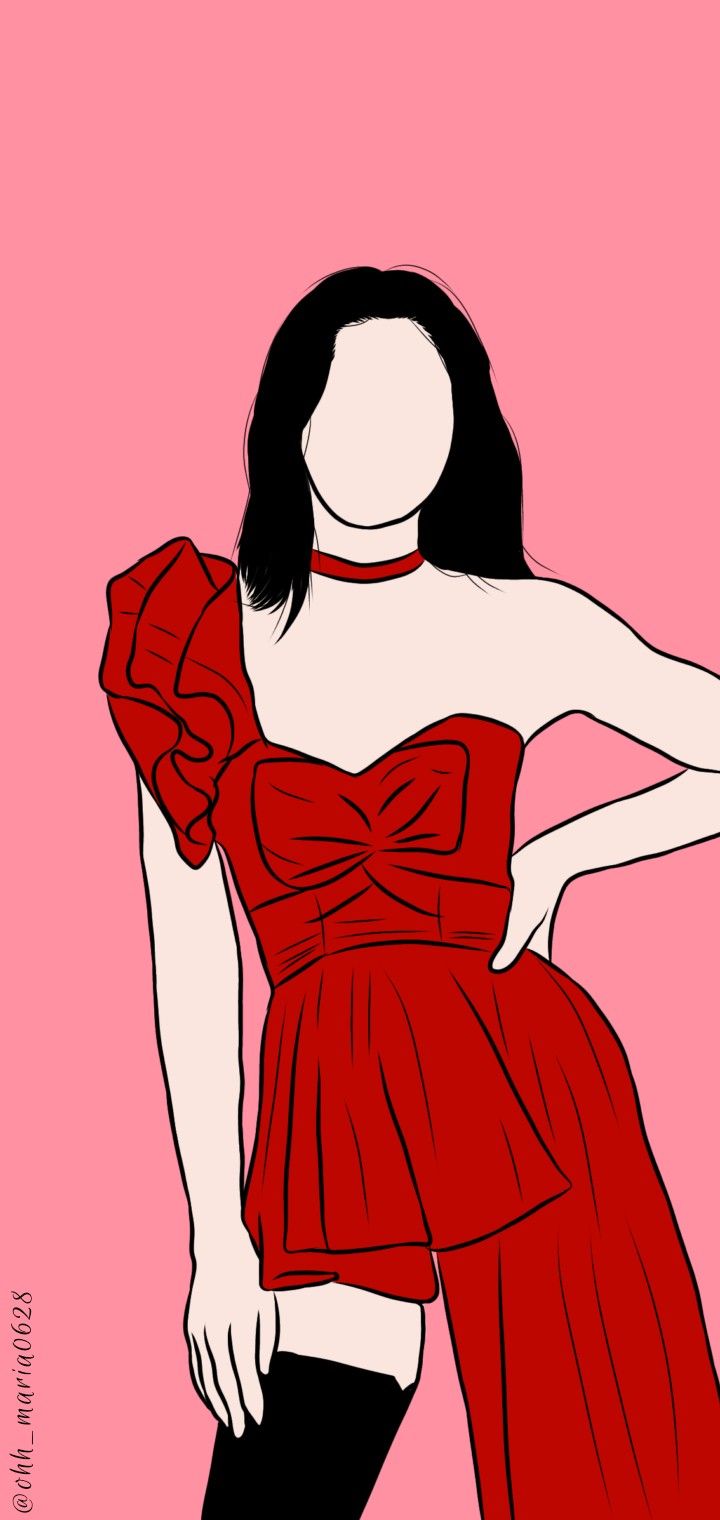 a drawing of a woman in a red dress with her hands on her hips, standing against a pink background