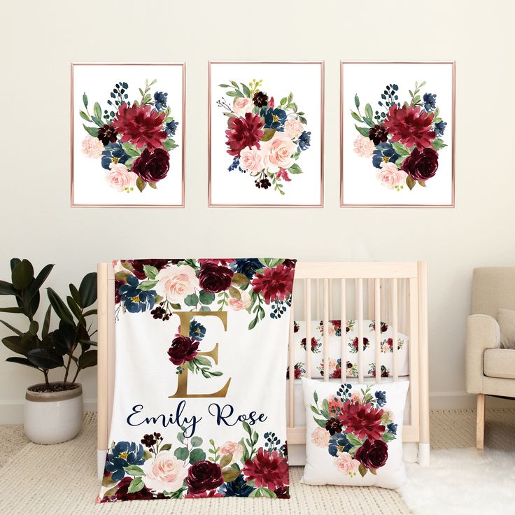 Burgundy Red Blush Pink Navy Blue Floral Girl Nursery Collection -Crib Sheet,14x14 Throw Pillow, 30x40 Minky Blanket, 3(8x10) Wall Art Floral Girl Nursery, Floral Nursery Bedding, Blush Pink Navy Blue, Girl Nursery Crib, Pink Floral Nursery, Girls Nursery Floral, Rose Nursery, Girl Nursery Bedding, Blanket Pillow