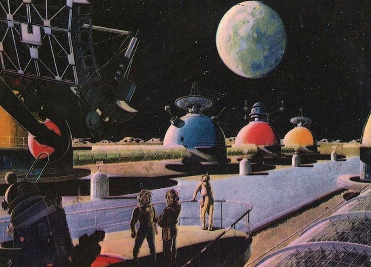 an artist's rendering of some sci - fi space station with people standing in front of them