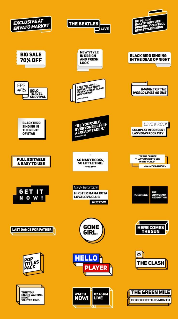 a bunch of different types of stickers on a yellow background with black and white lettering