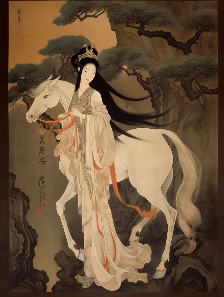 The image of characters in Chinese mythology, by Xu Beihong, Nuwa, perfect body - shape, full - length portrait, symmetrical face, celestial being, The full-length portrayal of a character from Chinese mythology features the upper body of a dignified and beautiful Chinese woman, with jet-black hair and a delicate face. The lower body takes the form of a snake, complete with a snake's tail, A divine radiance flows around her, 32k --ar 3:4 --v 5 Chinese Mermaid, Xu Beihong, Symmetrical Face, Chinese Tree, Chinese Princess Dress, Delicate Face, Celestial Being, Chinese Woman, Chinese Princess