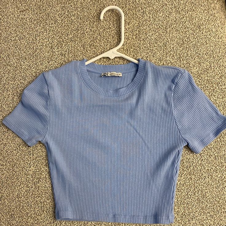 Blue Ribbed Cropped Baby T From Zara Never Worn! Brand New Condition! Size M! Fitted Blue Ribbed T-shirt, Casual Purple Ribbed Top, Blue Ribbed Cotton Crop Top, Blue Ribbed Crop Top With Crew Neck, Blue Ribbed Crew Neck Crop Top, Trendy Blue Ribbed T-shirt, Blue Fitted Ribbed T-shirt, Light Blue Ribbed Stretch Top, Light Blue Stretch Ribbed Top