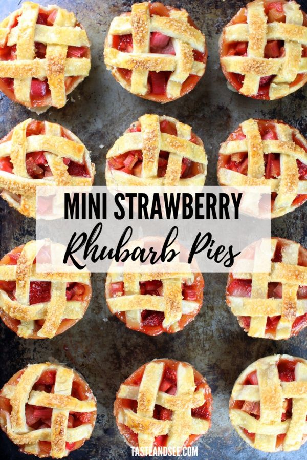 mini strawberry rhubarb pies on a baking sheet with text overlay