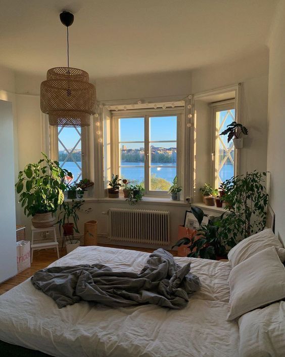 an unmade bed sitting in front of a window next to a potted plant