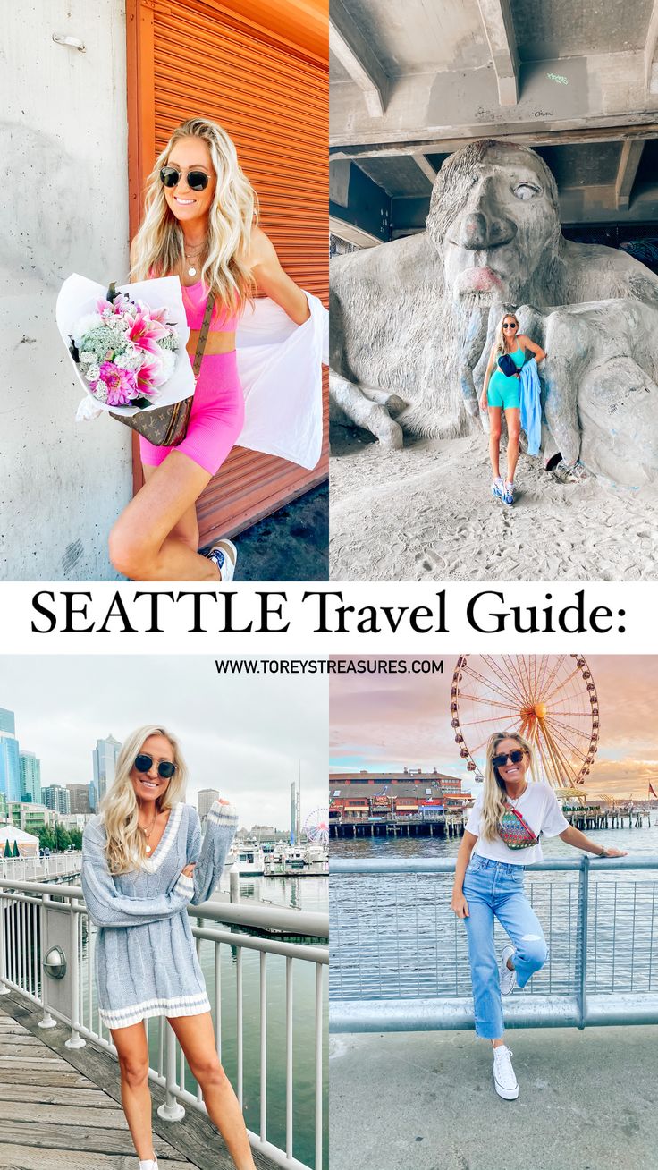 the seattle travel guide is featured in this postcard with two women posing for pictures