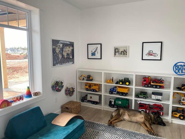 a dog laying on the floor in front of a book shelf filled with toy trucks