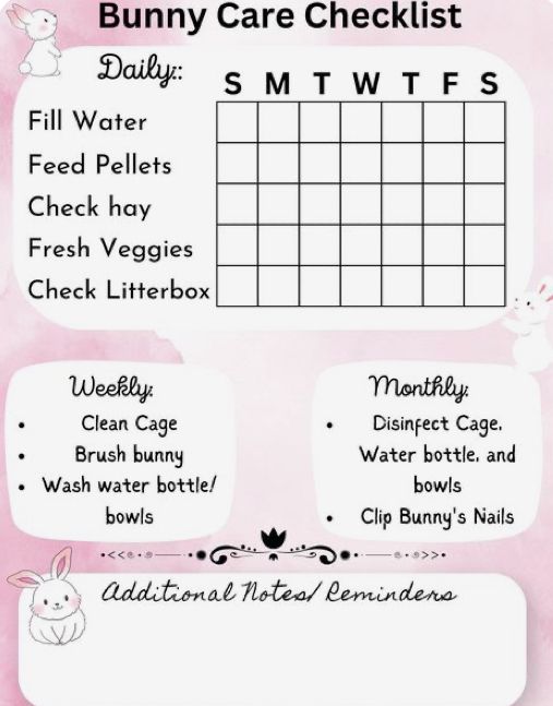 the bunny care checklist is shown on a pink background