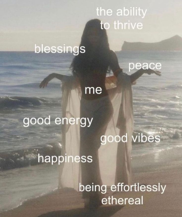 a woman standing on top of a beach next to the ocean with words above her