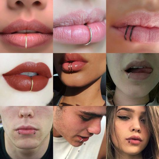 multiple images of different lips and nose piercings