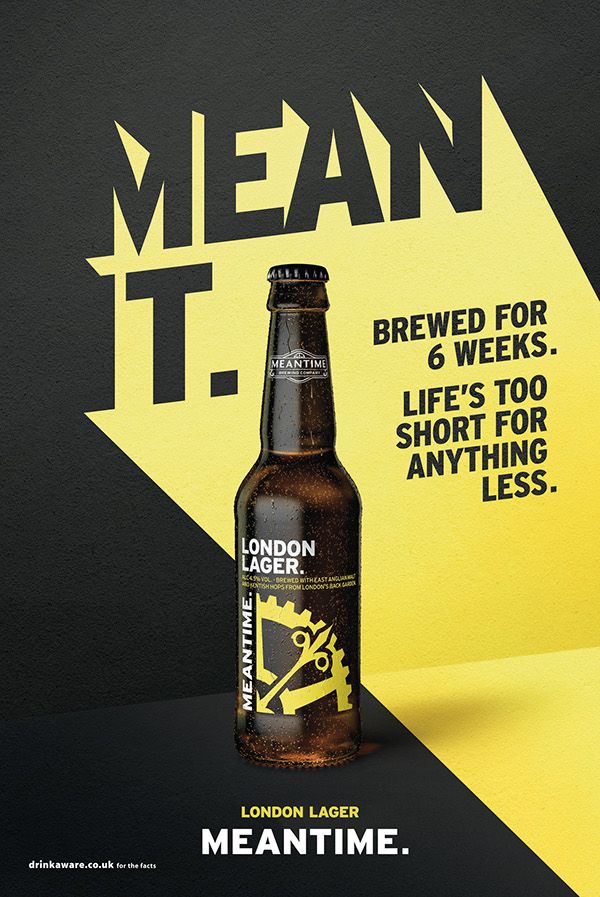 a bottle of london lager on a yellow and black background with the words mean it