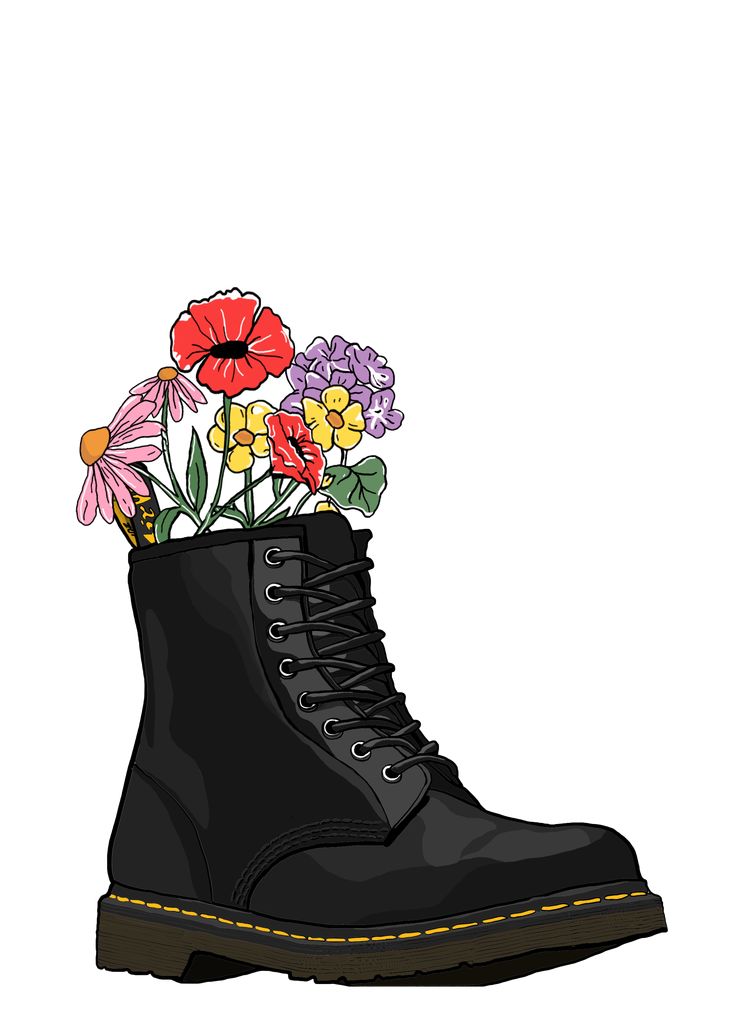 a pair of black boots with colorful flowers in the boot, on a white background