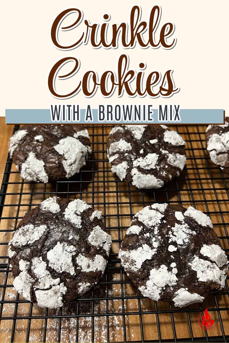 chocolate crinkle cookies with a brownie mix on a cooling rack