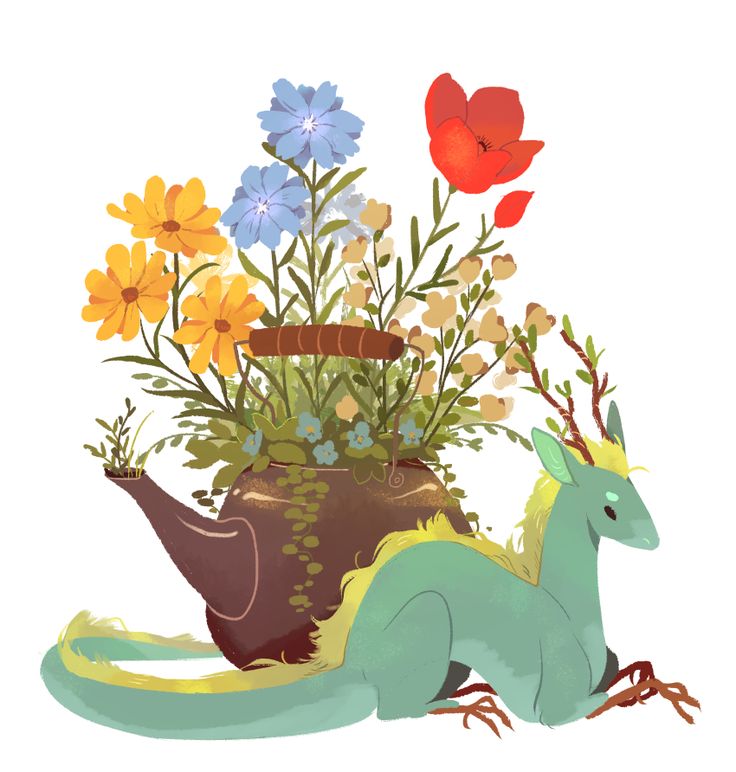 a blue lizard sitting next to a potted plant with flowers on it's back