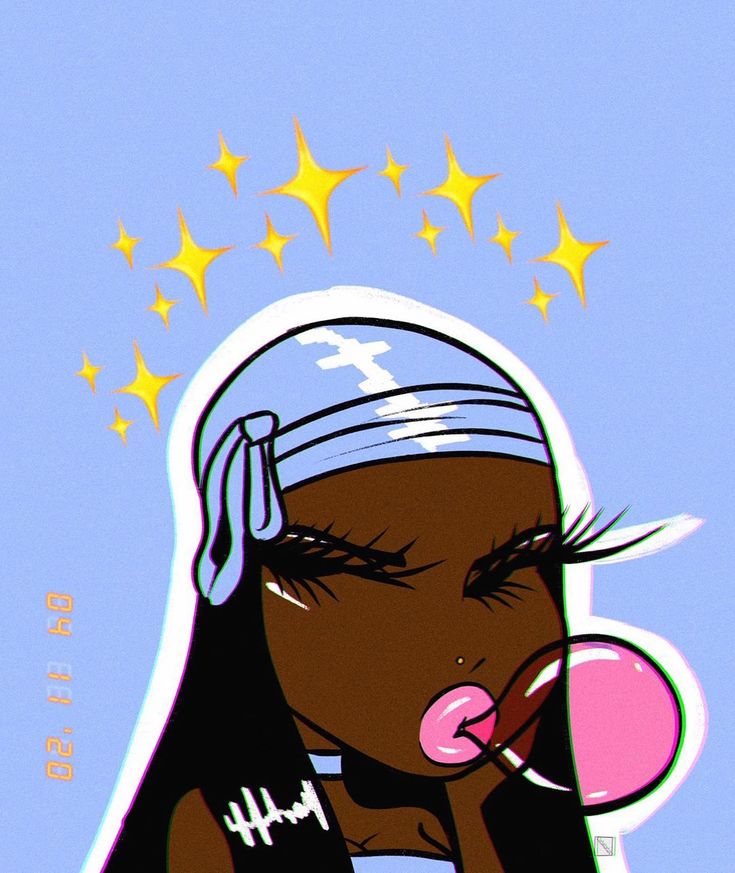 an image of a woman blowing bubbles on her nose with stars in the sky behind her