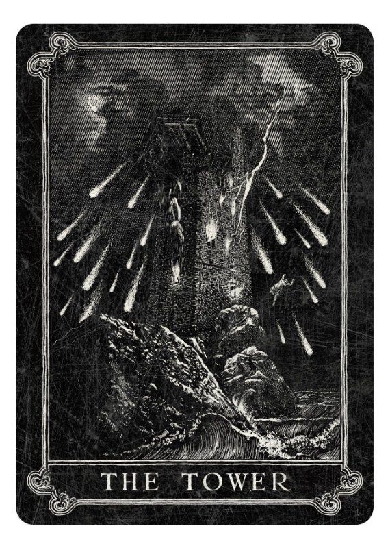 the tower tarot card is shown in black and white