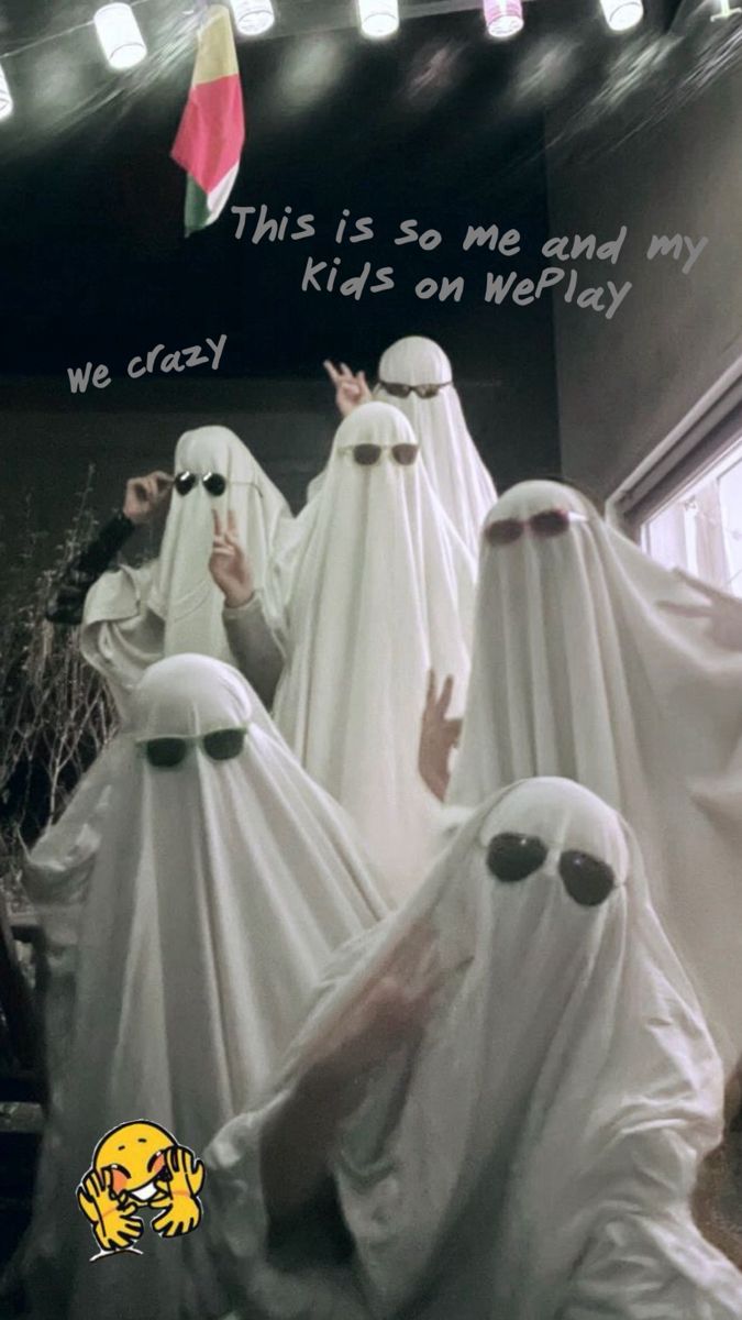 three people dressed in white ghost costumes with words written on the wall behind them that says, this is so me every day we crazy