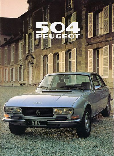 an old car is parked in front of a large building with the words 504 peugot on it