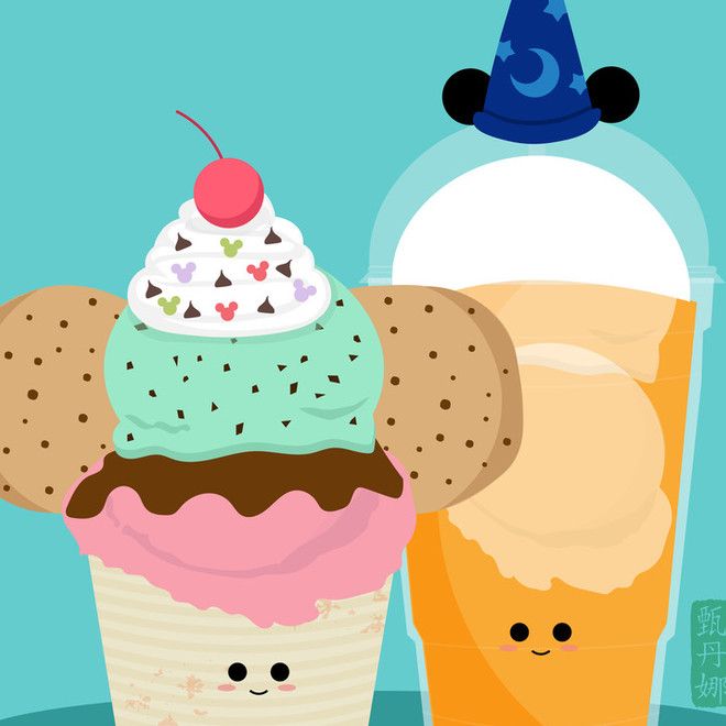 two ice cream sundaes next to each other on a blue background with a cartoon character