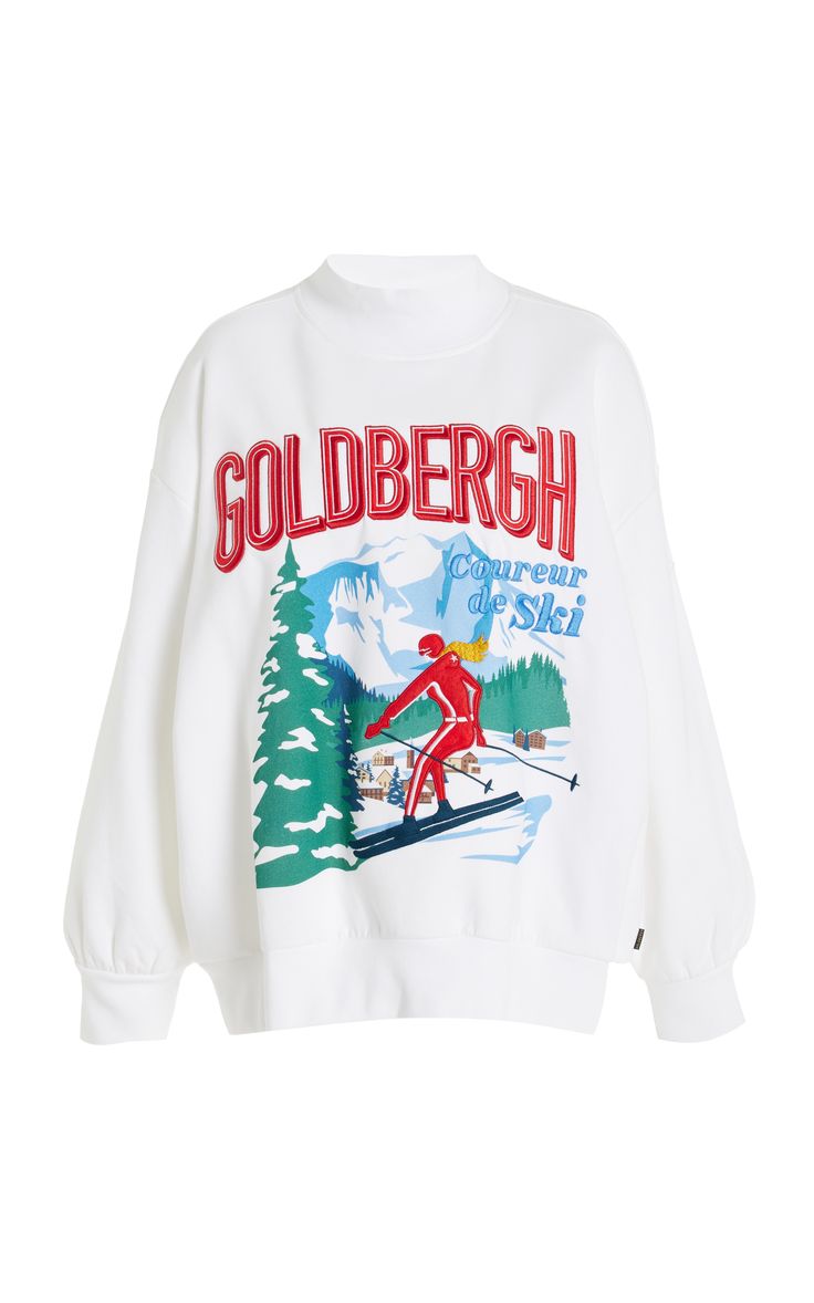 La Montagne Oversized Printed Cotton-Blend Sweater By Goldbergh | Moda Operandi Sweatshirt Illustration, Aphi Merch, Ski Illustration, Apres Ski Sweater, Ski Sweatshirt, Ski Clothing, Ski Jumper, Luxury Sportswear, Ski Sweater