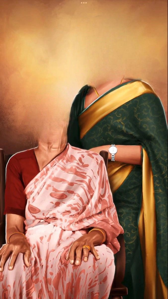 a painting of a woman sitting in a chair next to a man wearing a sari